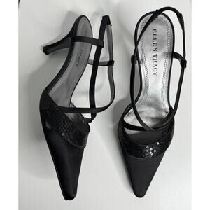 Ellen Tracy Weston Black Satin Sequin Slingback Heels Y2K Size 7.5M